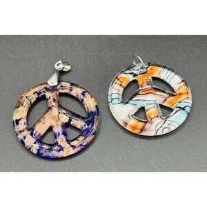 Pair Art Glass Peace Sign Blue Copper Glitter Multi Color Orange Blue Pendant